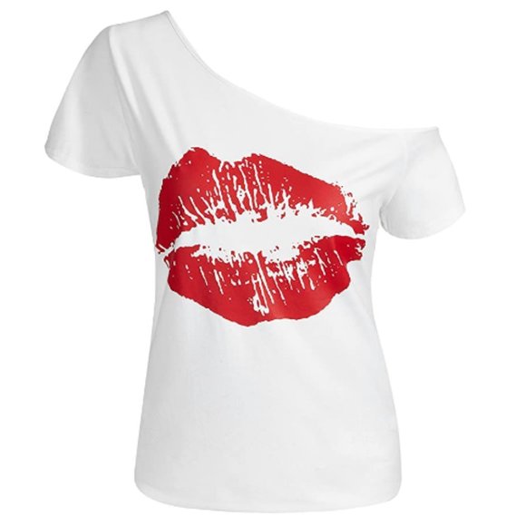 Tops - Women Short Sleeve Lips Print Off Shoulder T-Shirt